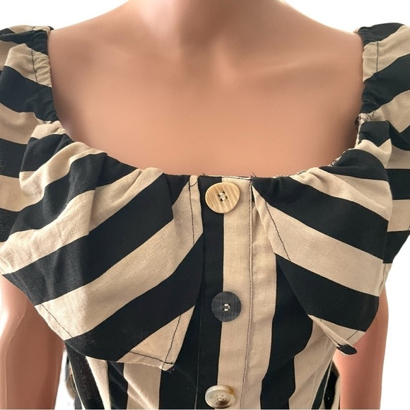 Moon River Black Tan Stripe Linen Cotton off the shoulder Dress Pockets SZ M - Picture 8 of 11